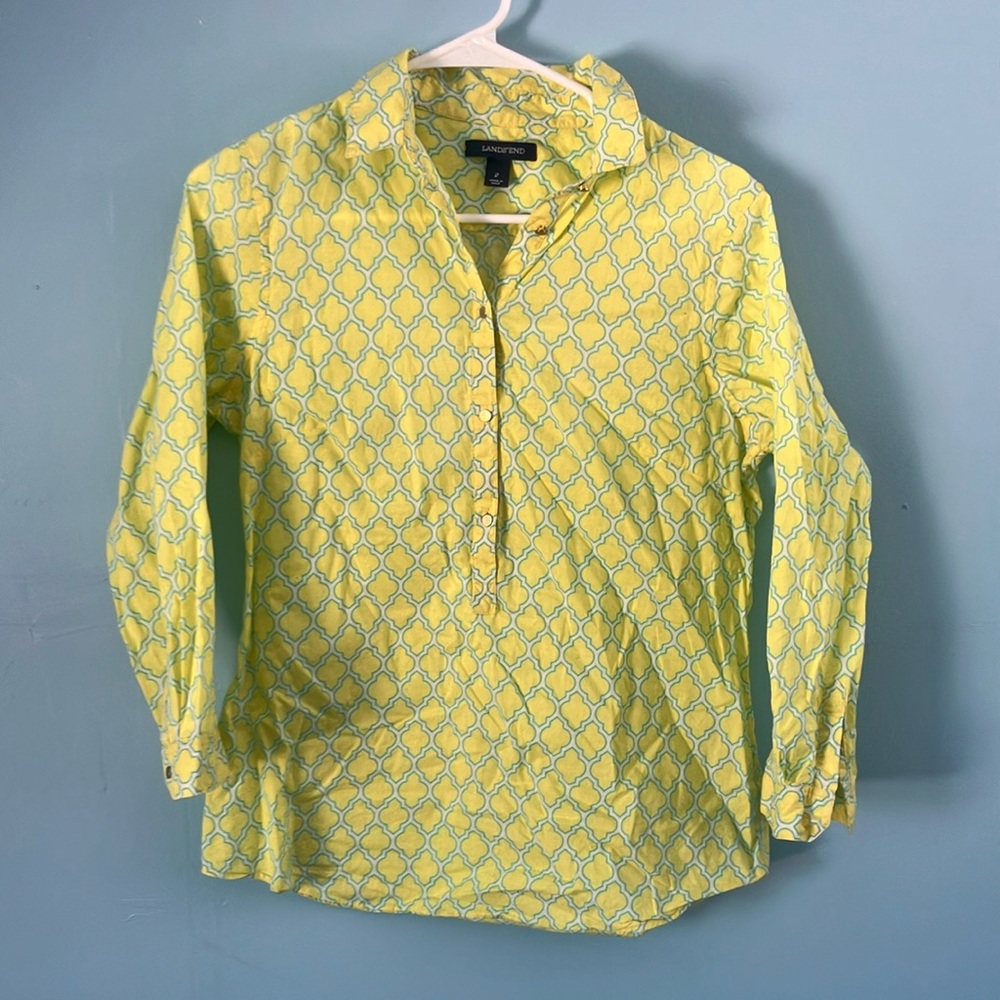 Lands' End Yellow Patterned Popover Blouse
